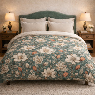 Moody Sage Green & Terracotta Magnolia Botanical F Duvet Cover