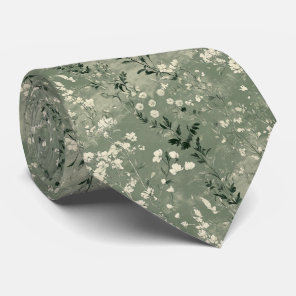 Moody Sage Green Wildflower Personalized Wedding Neck Tie