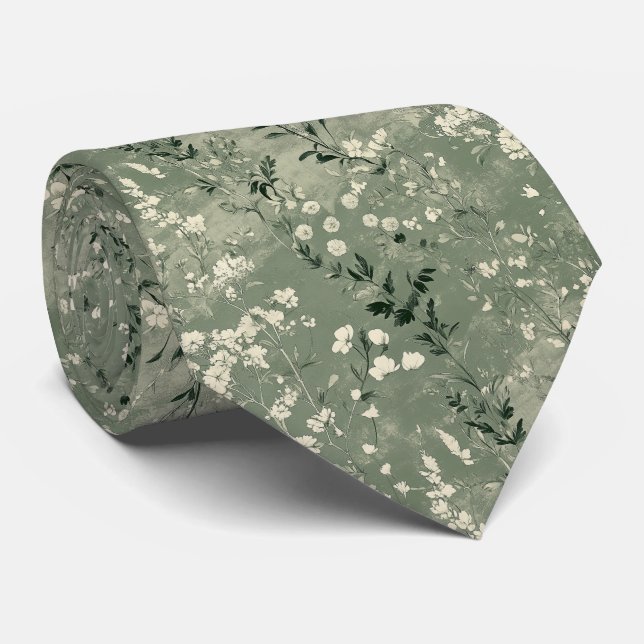 Moody Sage Green Wildflower Personalized Wedding Neck Tie (Rolled)