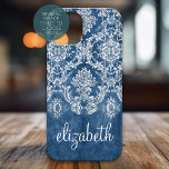 Moody Sapphire Blue Vintage Damask Pattern Name iPhone 15 Pro Case<br><div class="desc">A vintage pattern with a trendy design with jewel tone colors and elegance. Items are easier to customize when you replace all text and photos first. If your art still needs to be adjusted, click on the Customize This button. This will take you to a design area where you can...</div>