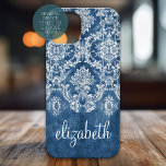 Moody Sapphire Blue Vintage Damask Pattern Name iPhone 16 Case<br><div class="desc">A vintage pattern with a trendy design with jewel tone colors and elegance. Items are easier to customize when you replace all text and photos first. If your art still needs to be adjusted, click on the Customize This button. This will take you to a design area where you can...</div>