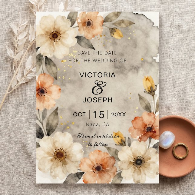 Moody Sepia Boho Watercolor Floral Gold Wedding Save The Date (Creator Uploaded)