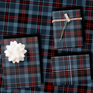 Moody Slate Blue and Deep Red Tartan Plaid Wrapping Paper Sheets