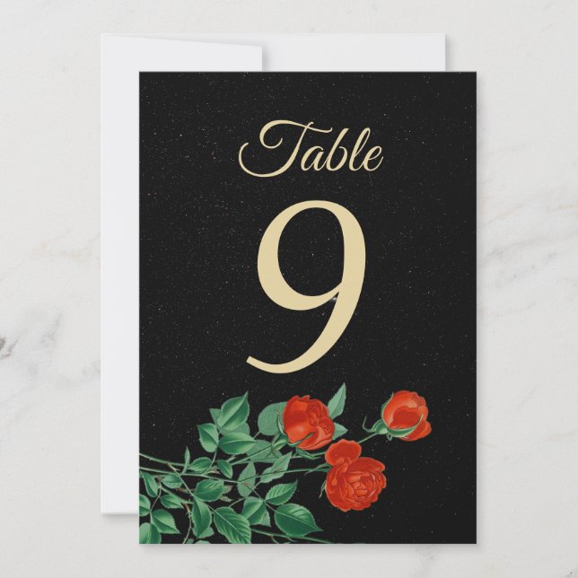 Moody Starry Night Crimson Roses Table Number card (Front)