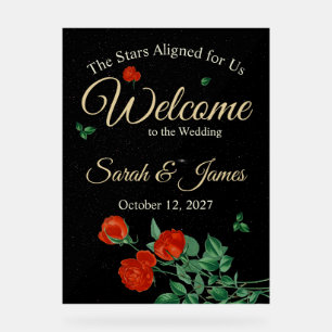 Moody Starry Night Crimson Roses Wedding Acrylic Sign