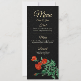 Moody Starry Night Crimson Roses Wedding Menu Card