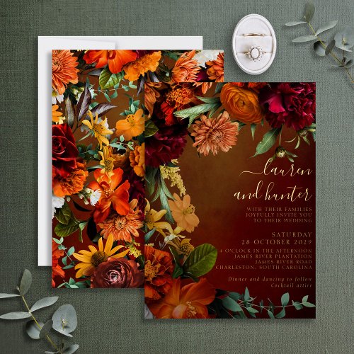 Moody Sunset Colors Floral Script Wedding Gold Foil Invitation