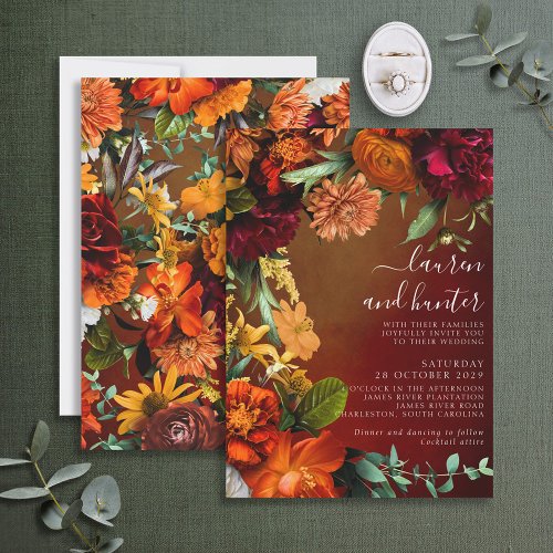Moody Sunset Colors Floral Script Wedding Invitati Invitation
