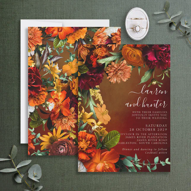 Moody Sunset Colors Floral Script Wedding Invitati Invitation | Zazzle