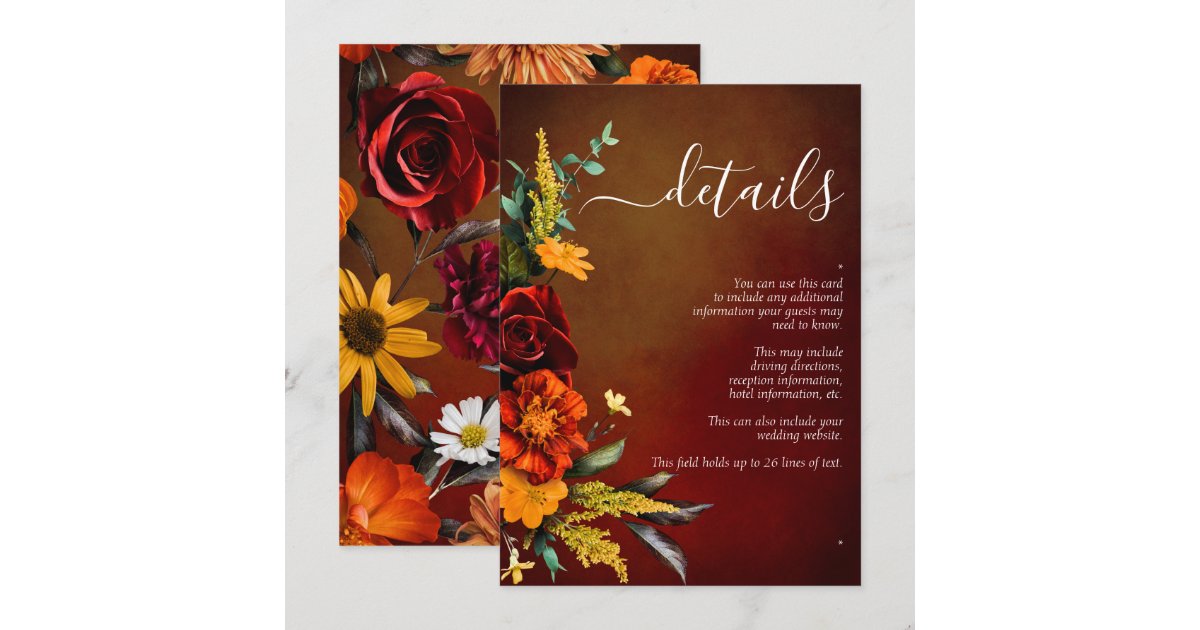 Moody Sunset Colors Script Floral Wedding Details Enclosure Card | Zazzle