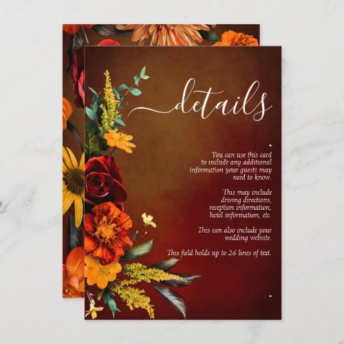 Moody Sunset Colors Script Floral Wedding Details Enclosure Card