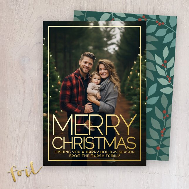 Moody Teal Botanical Large Merry Christmas Border Foil Holiday Card (Merry Christmas! A modern photo border with large font and moody botanicals.)