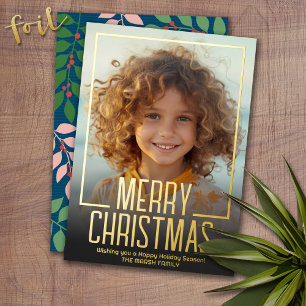 Moody Teal Botanical Merry Christmas Border Photo Foil Holiday Card
