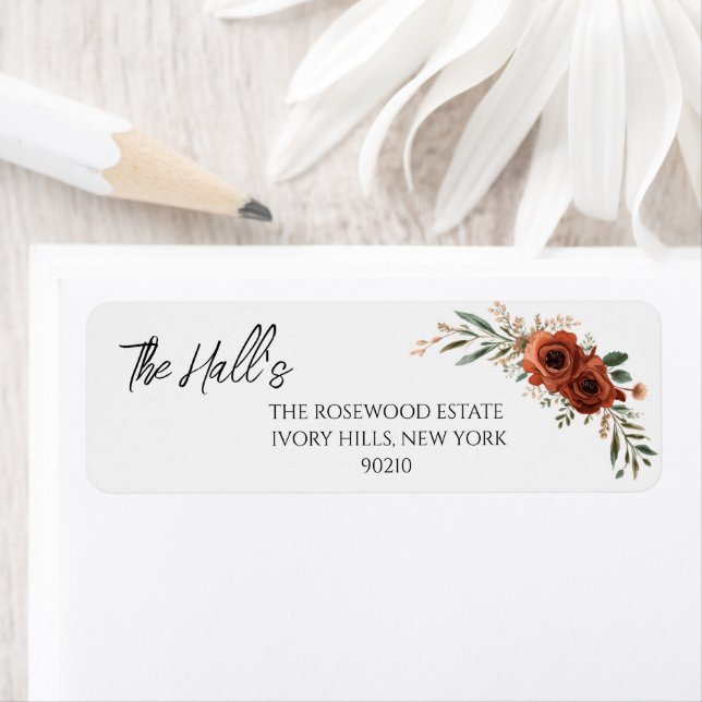 Moody Terracotta Floral Boho Wedding  Label (Insitu)