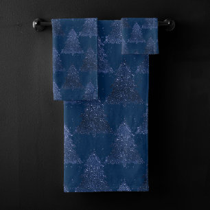 Moody Tree Pattern Classy Navy Blue Christmas Bath Towel Set