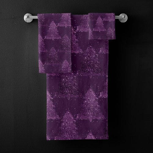 Moody Tree Pattern  Deep Plum Purple Christmas Bath Towel Set