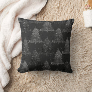 Moody Tree Pattern Onyx Silvery Black Christmas Throw Pillow