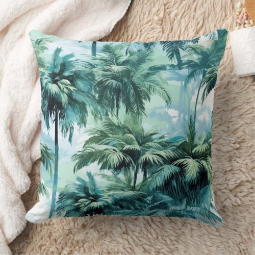 Moody Tropical Jungle Palm Trees Throw Pillow