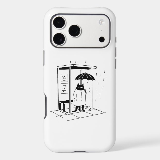 Moody Tuxedo Cat Waiting At Rainy Bus Stop Case-Mate iPhone Case (Back)