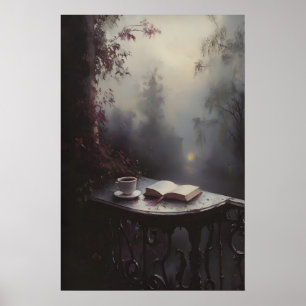 Moody Victorian Balcony Art with Open Book and Tea Poster