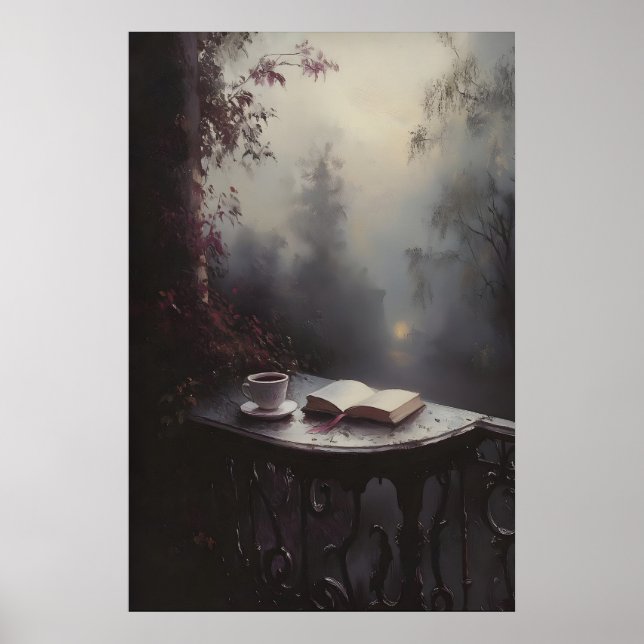 Moody Victorian Balcony Art with Open Book and Tea Poster (Front)