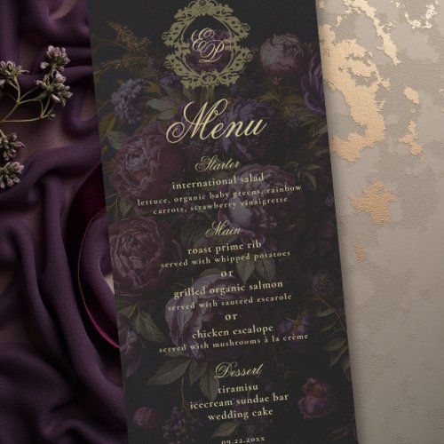 Moody Victorian Lace Botanical Crest Dark Wedding Menu