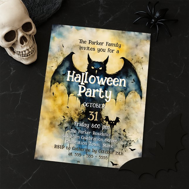 Moody Vintage Bat Gothic Halloween Party Invitation (Creator Uploaded)