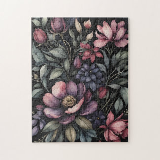 Moody Vintage Botanical Watercolor Floral Pattern Jigsaw Puzzle