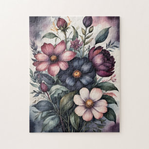 Moody Vintage Botanical Watercolor Floral Pattern Jigsaw Puzzle