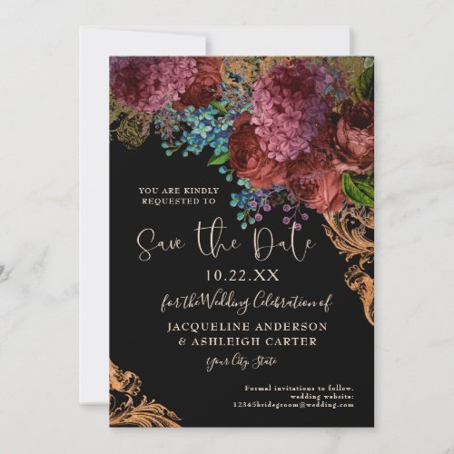 Moody Vintage Burgundy Floral Gold Black Photo Save The Date