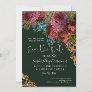 Moody Vintage Burgundy Floral Gold Emerald Photo Save The Date