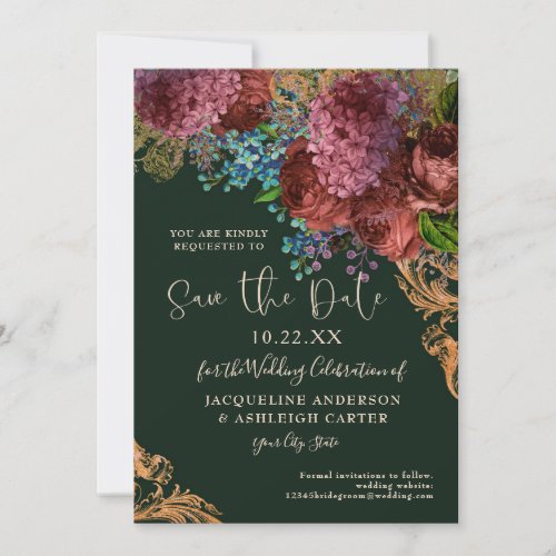 Moody Vintage Burgundy Floral Gold Emerald Photo Save The Date