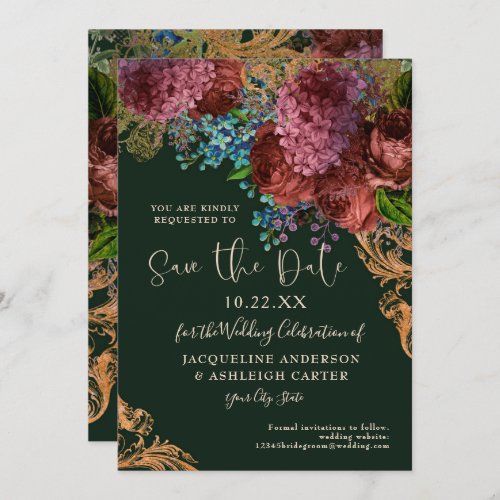 Moody Vintage Floral Gold Forest Green Wedding Save The Date
