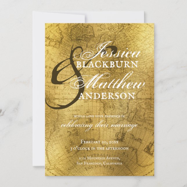Moody Vintage Gold Map Script Font Wedding Invitation (Front)