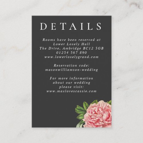 Moody Vintage Pink Peony Wedding Details Enclosure Card