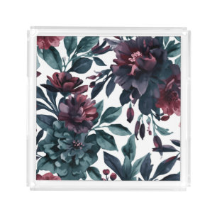 Moody Watercolor Botanical Blooms Floral Acrylic Tray