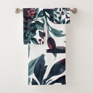 Moody Watercolor Botanical Blooms Floral Bath Towel Set