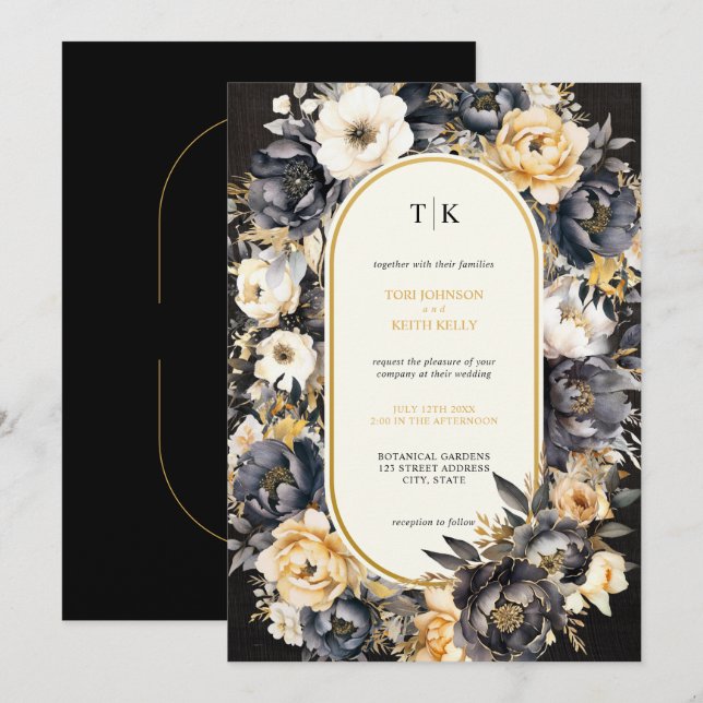 Moody Watercolor Floral Black and White Invitation (Front/Back)