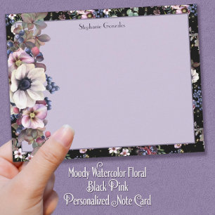 Moody Watercolor Floral Black Pink Personalized Note Card