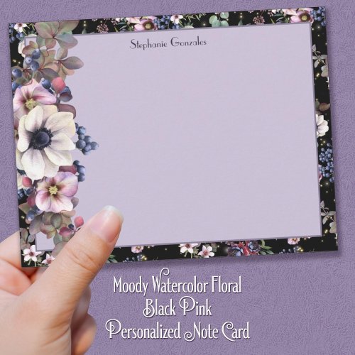 Moody Watercolor Floral Black Pink Personalized  Note Card