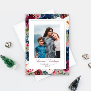Moody Watercolor Floral Seasons Greetings Photo Holiday Card