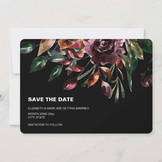 Moody Watercolor Florals Black Save the Date (Front)