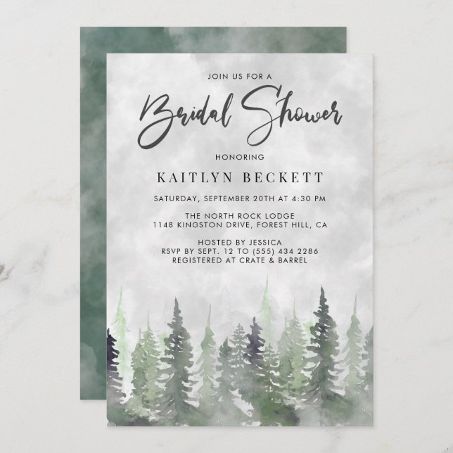 Moody Watercolor Pine Tree Forest Bridal Shower Invitation (Front/Back)
