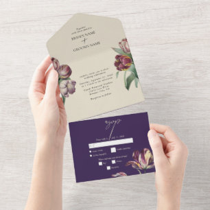 Moody Watercolor Purple Tulips Wedding All In One Invitation