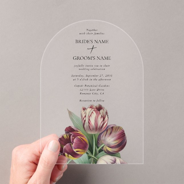 Moody Watercolor Purple Tulips Wedding Arch Acrylic Invitations (Insitu (Handheld))
