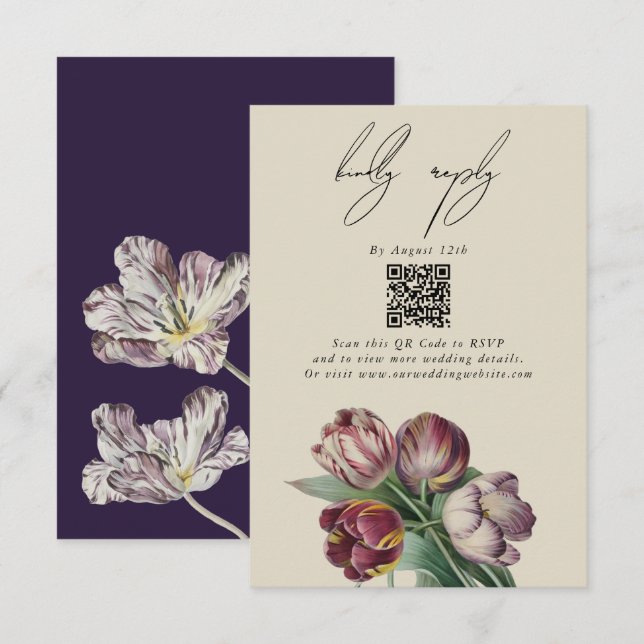 Moody Watercolor Purple Tulips Wedding Enclosure Card (Front/Back)