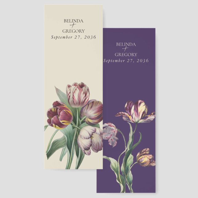 Moody Watercolor Purple Tulips Wedding Gift Bookmarks (Front & Back)