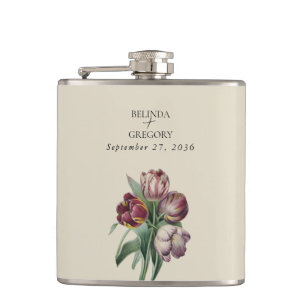 Moody Watercolor Purple Tulips Wedding Gift Flask