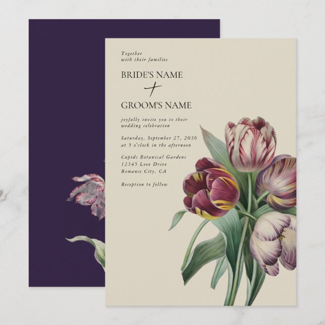 Moody Watercolor Purple Tulips Wedding Invitation (Front/Back)
