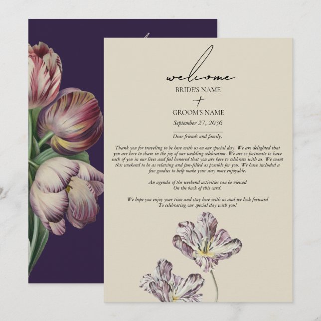 Moody Watercolor Purple Tulips Wedding Itinerary Program (Front/Back)